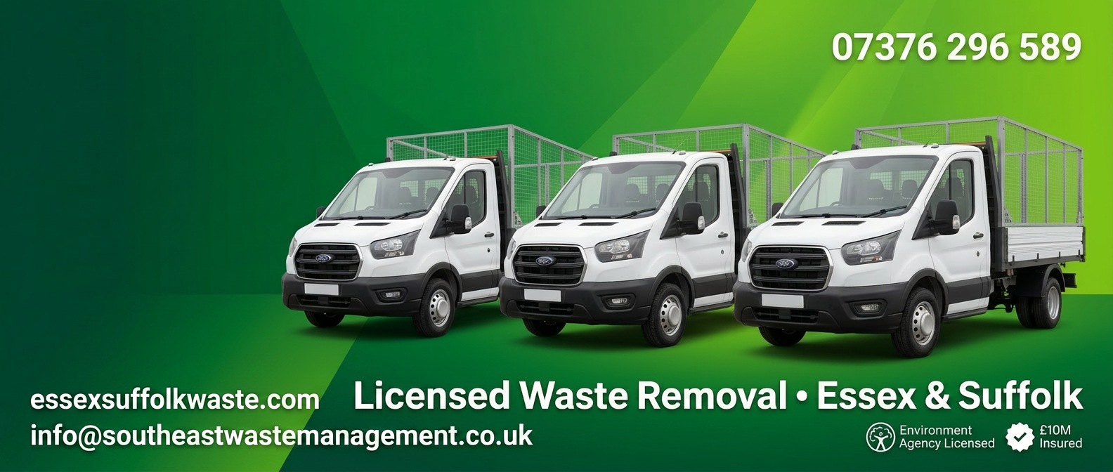 South East Waste Management fleet — three caged tipper vans covering Essex and Suffolk